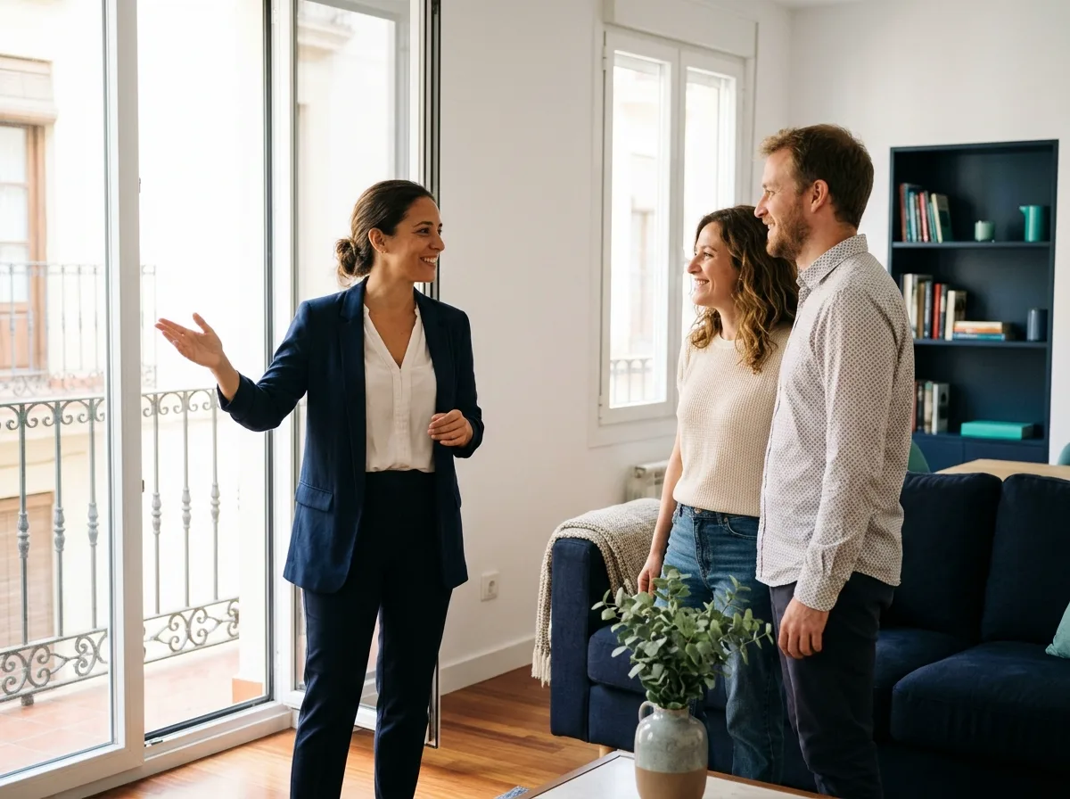 Agente inmobiliaria enseñando un piso a una pareja